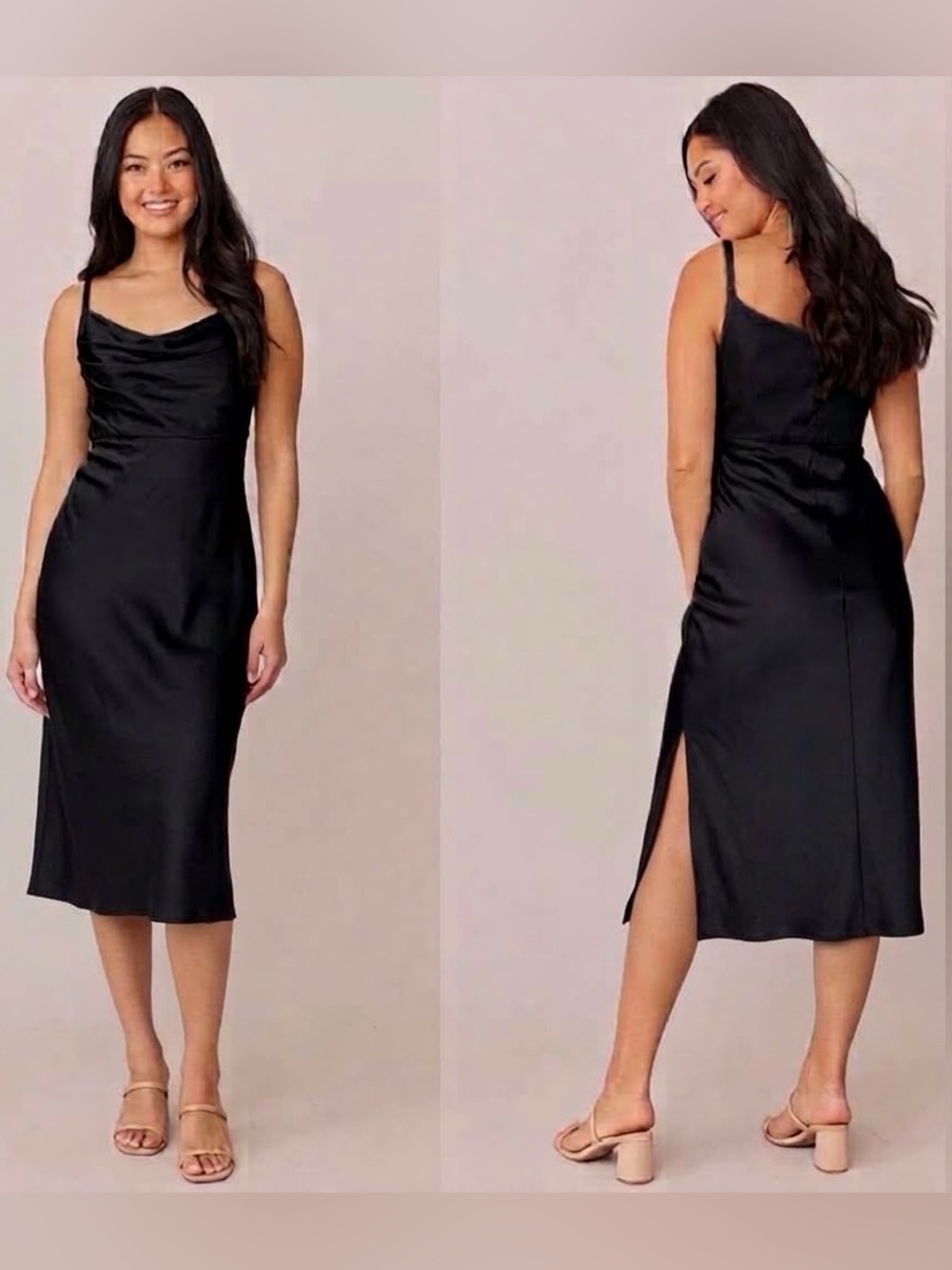 Revelry Skye Satin Midi Slip Dress Black Cowl Neck Formal HoCo  Bridesmaid Sz 8